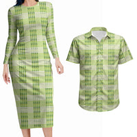 Aloha Hawaii Pakalana Pikake Lei Couples Matching Long Sleeve Bodycon Dress and Hawaiian Shirt Palaka Inspired Hawaiian-plaid Pastel Green