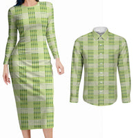 Aloha Hawaii Pakalana Pikake Lei Couples Matching Long Sleeve Bodycon Dress and Long Sleeve Button Shirt Palaka Inspired Hawaiian-plaid Pastel Green