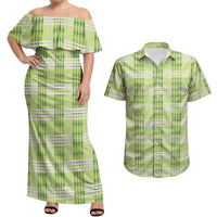 Aloha Hawaii Pakalana Pikake Lei Couples Matching Off Shoulder Maxi Dress and Hawaiian Shirt Palaka Inspired Hawaiian-plaid Pastel Green