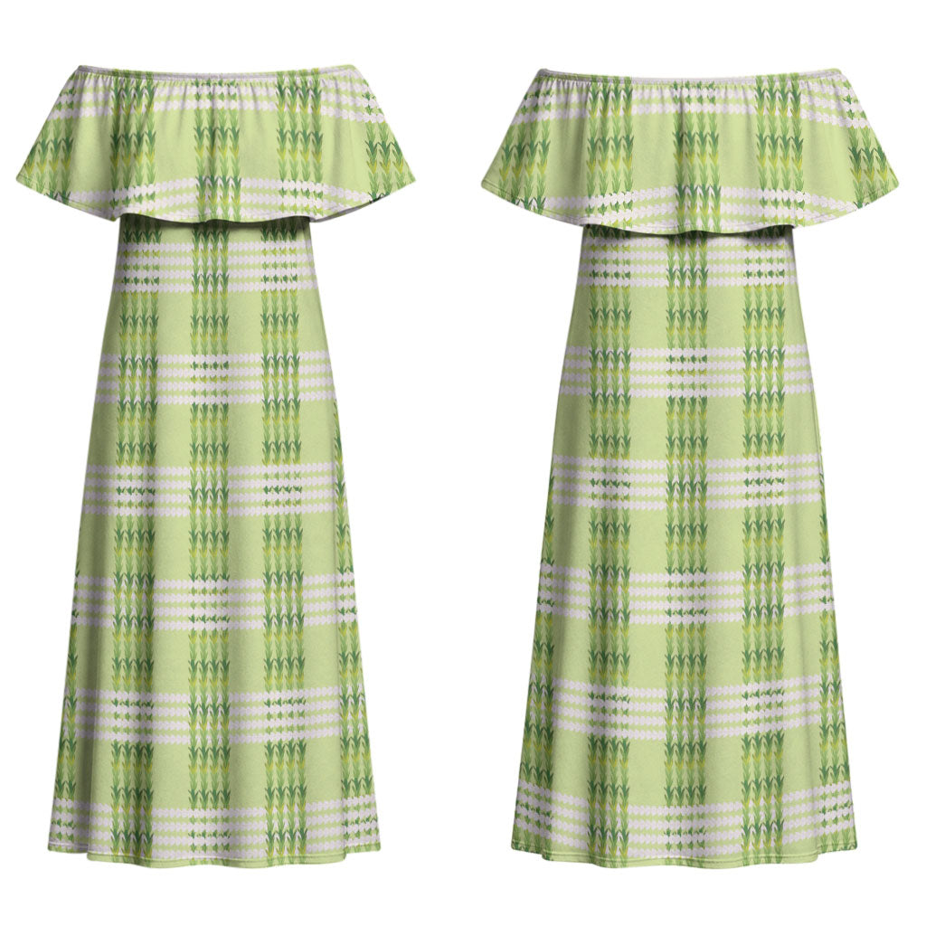 Aloha Hawaii Pakalana Pikake Lei Couples Matching Off Shoulder Maxi Dress and Hawaiian Shirt Palaka Inspired Hawaiian-plaid Pastel Green