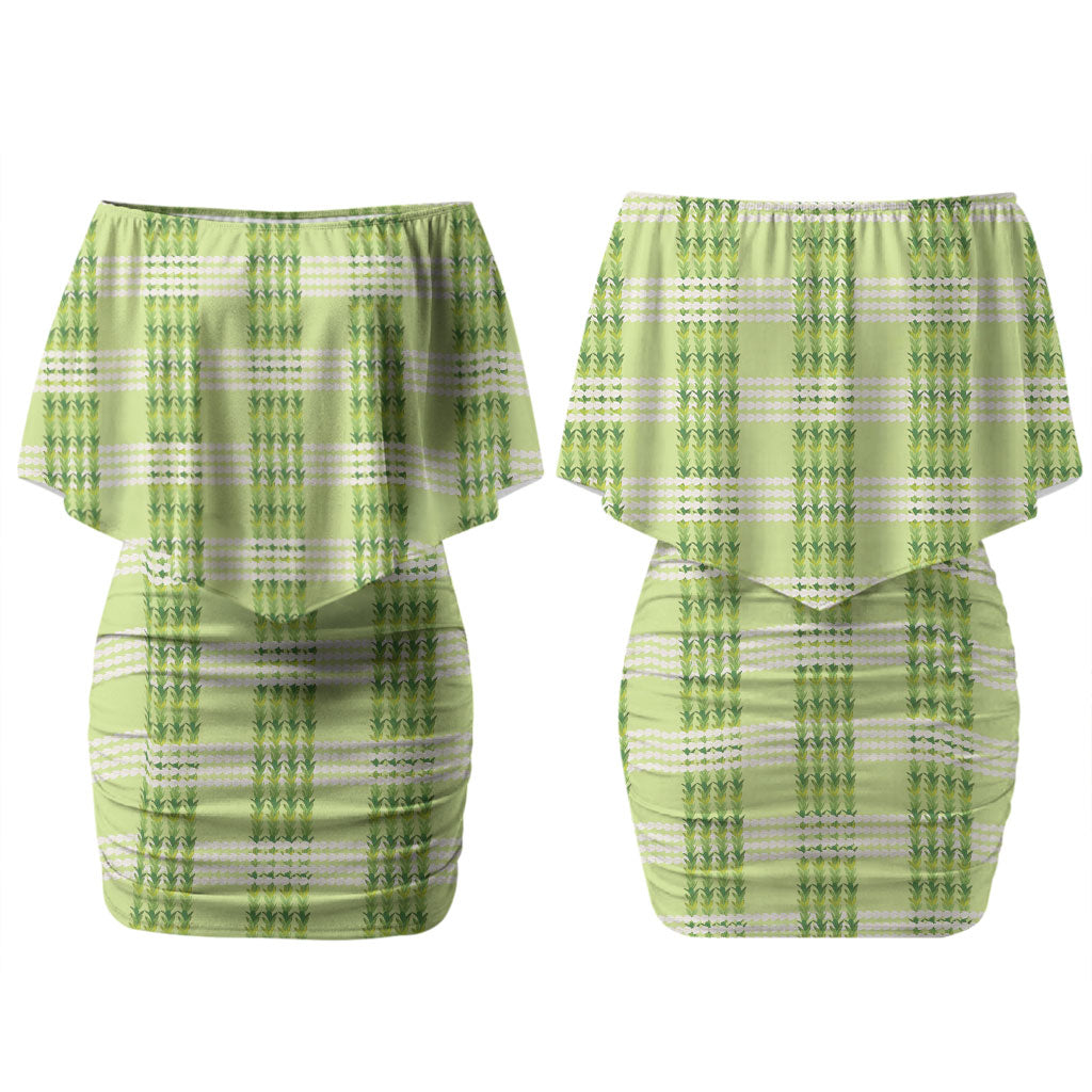 Aloha Hawaii Pakalana Pikake Lei Couples Matching Off Shoulder Short Dress and Hawaiian Shirt Palaka Inspired Hawaiian-plaid Pastel Green