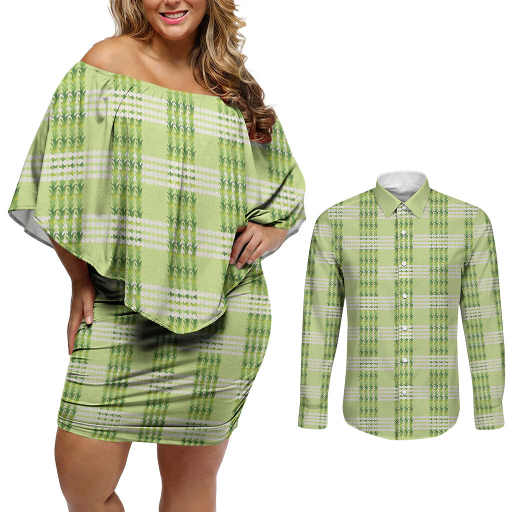 Aloha Hawaii Pakalana Pikake Lei Couples Matching Off Shoulder Short Dress and Long Sleeve Button Shirt Palaka Inspired Hawaiian-plaid Pastel Green
