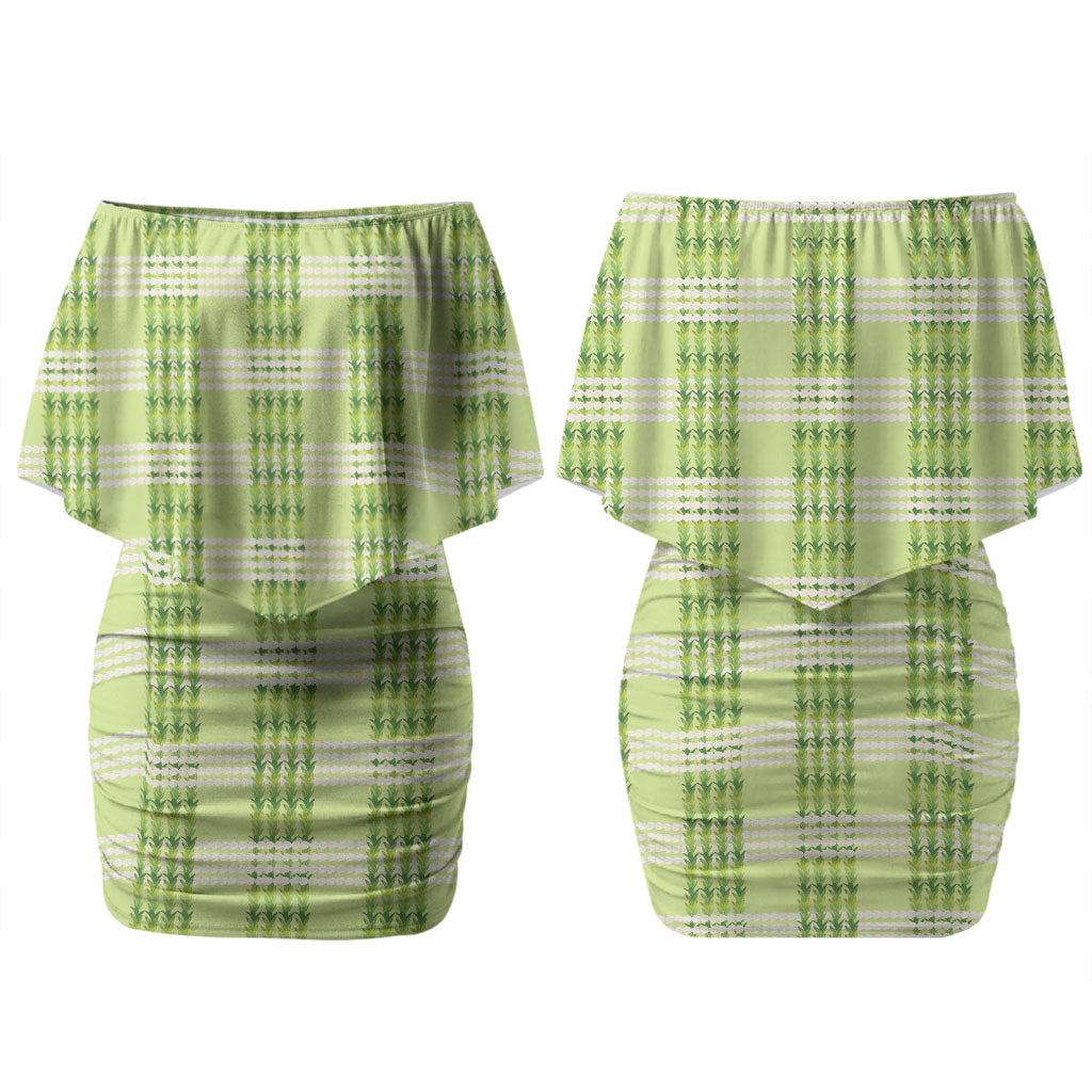 Aloha Hawaii Pakalana Pikake Lei Couples Matching Off Shoulder Short Dress and Long Sleeve Button Shirt Palaka Inspired Hawaiian-plaid Pastel Green