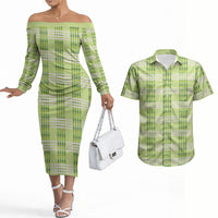 Aloha Hawaii Pakalana Pikake Lei Couples Matching Off The Shoulder Long Sleeve Dress and Hawaiian Shirt Palaka Inspired Hawaiian-plaid Pastel Green