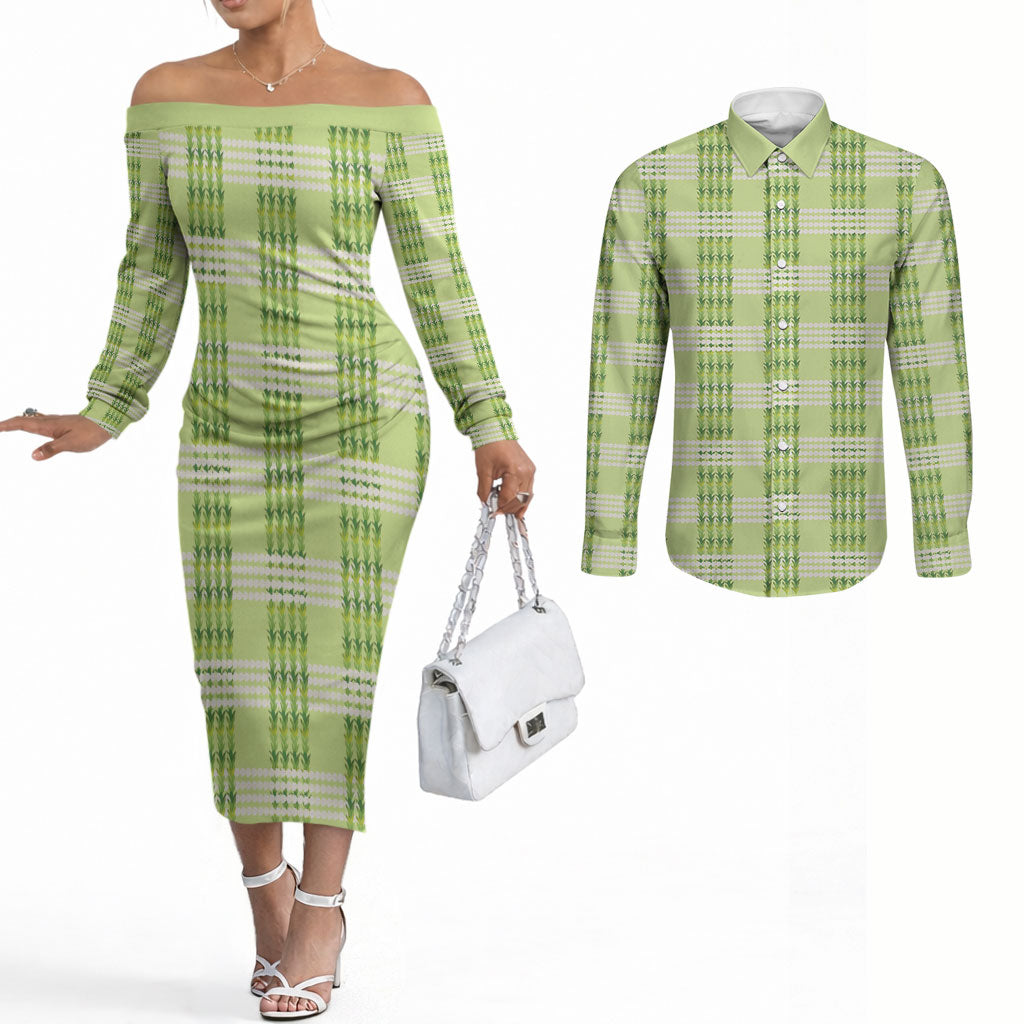 Aloha Hawaii Pakalana Pikake Lei Couples Matching Off The Shoulder Long Sleeve Dress and Long Sleeve Button Shirt Palaka Inspired Hawaiian-plaid Pastel Green