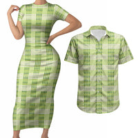 Aloha Hawaii Pakalana Pikake Lei Couples Matching Short Sleeve Bodycon Dress and Hawaiian Shirt Palaka Inspired Hawaiian-plaid Pastel Green