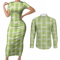 Aloha Hawaii Pakalana Pikake Lei Couples Matching Short Sleeve Bodycon Dress and Long Sleeve Button Shirt Palaka Inspired Hawaiian-plaid Pastel Green