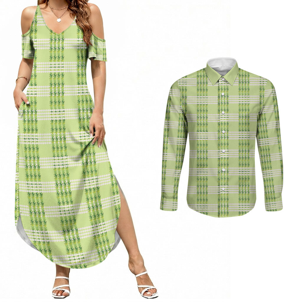 Aloha Hawaii Pakalana Pikake Lei Couples Matching Summer Maxi Dress and Long Sleeve Button Shirt Palaka Inspired Hawaiian-plaid Pastel Green