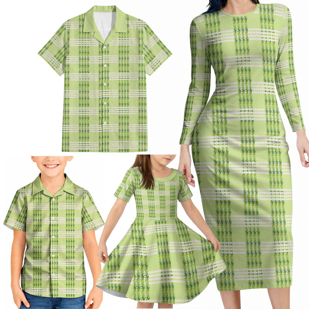 Aloha Hawaii Pakalana Pikake Lei Family Matching Long Sleeve Bodycon Dress and Hawaiian Shirt Palaka Inspired Hawaiian-plaid Pastel Green