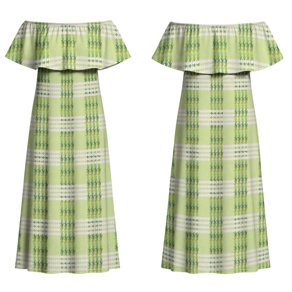 Aloha Hawaii Pakalana Pikake Lei Family Matching Off Shoulder Maxi Dress and Hawaiian Shirt Palaka Inspired Hawaiian-plaid Pastel Green