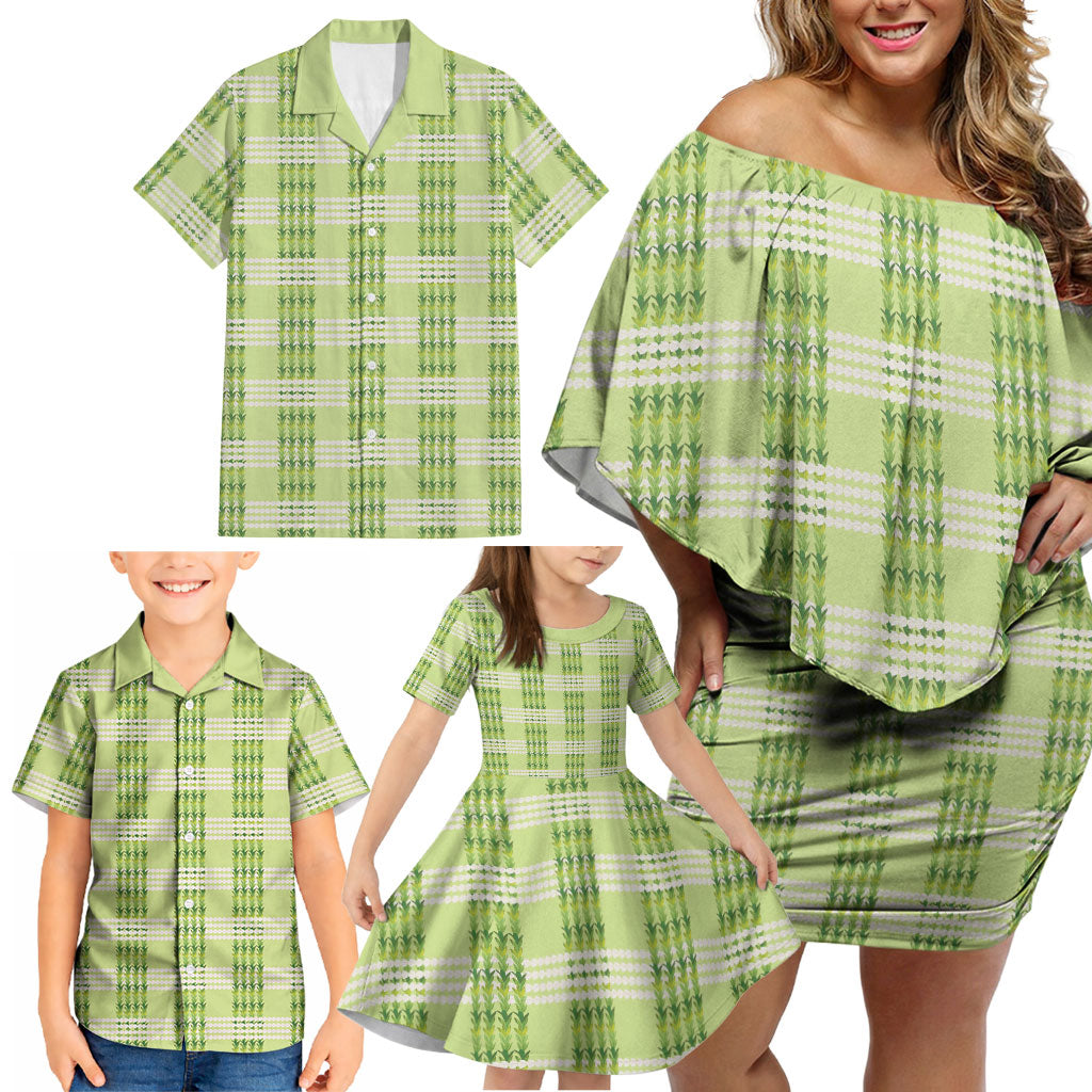 Aloha Hawaii Pakalana Pikake Lei Family Matching Off Shoulder Short Dress and Hawaiian Shirt Palaka Inspired Hawaiian-plaid Pastel Green