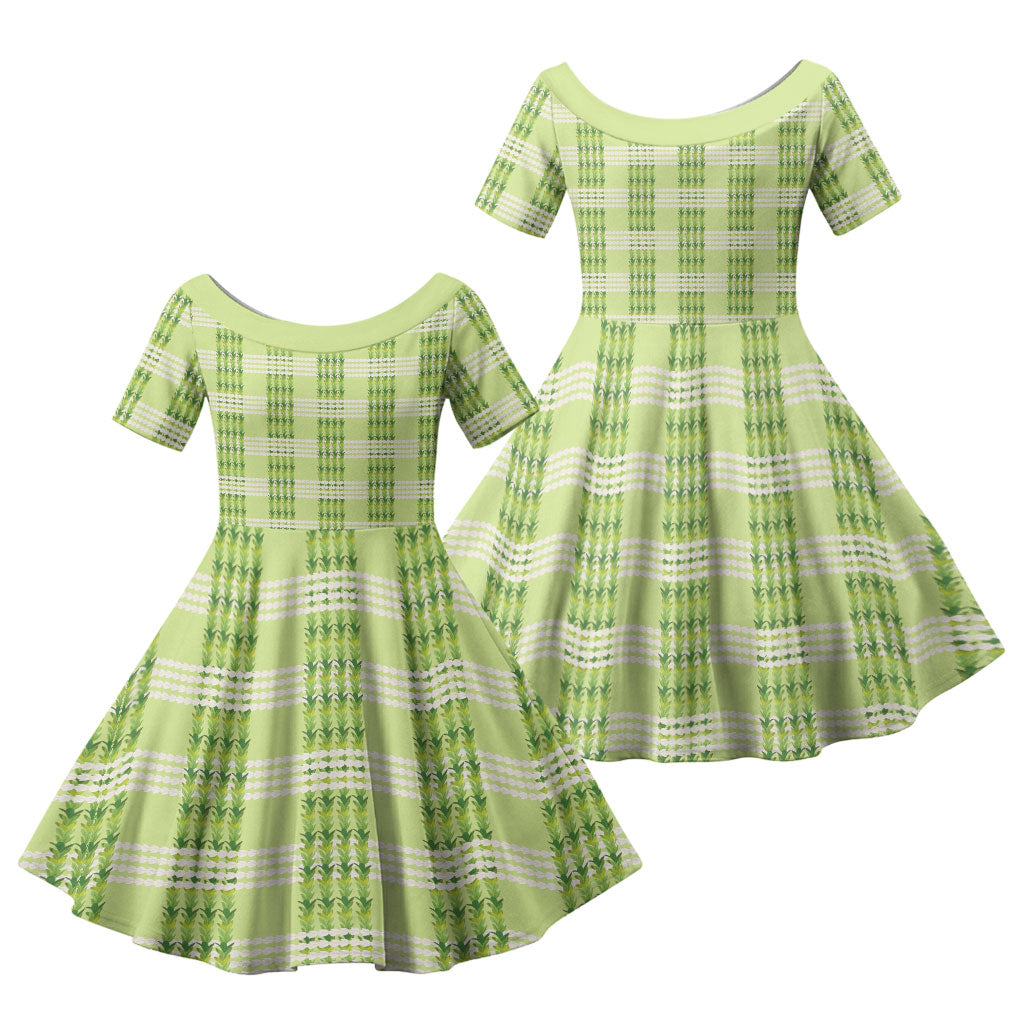 Aloha Hawaii Pakalana Pikake Lei Family Matching Off Shoulder Short Dress and Hawaiian Shirt Palaka Inspired Hawaiian-plaid Pastel Green