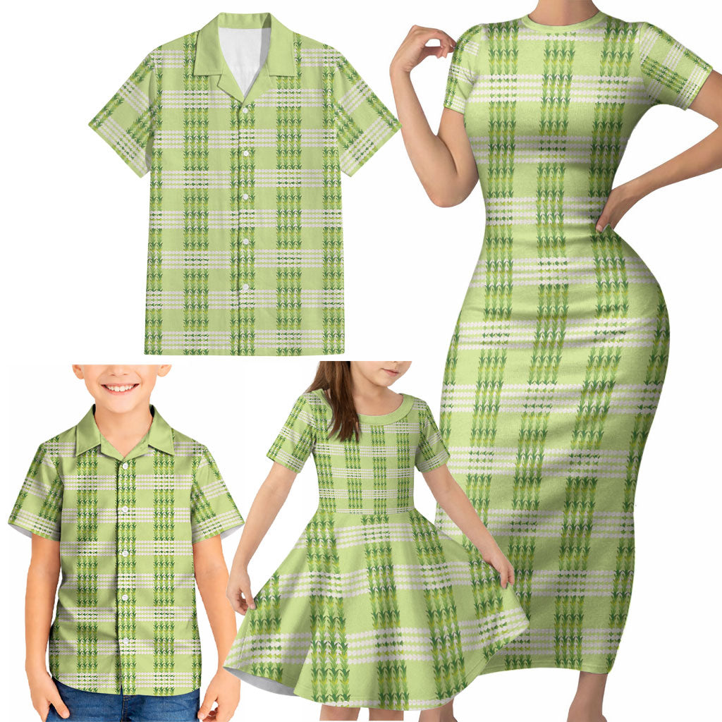 Aloha Hawaii Pakalana Pikake Lei Family Matching Short Sleeve Bodycon Dress and Hawaiian Shirt Palaka Inspired Hawaiian-plaid Pastel Green