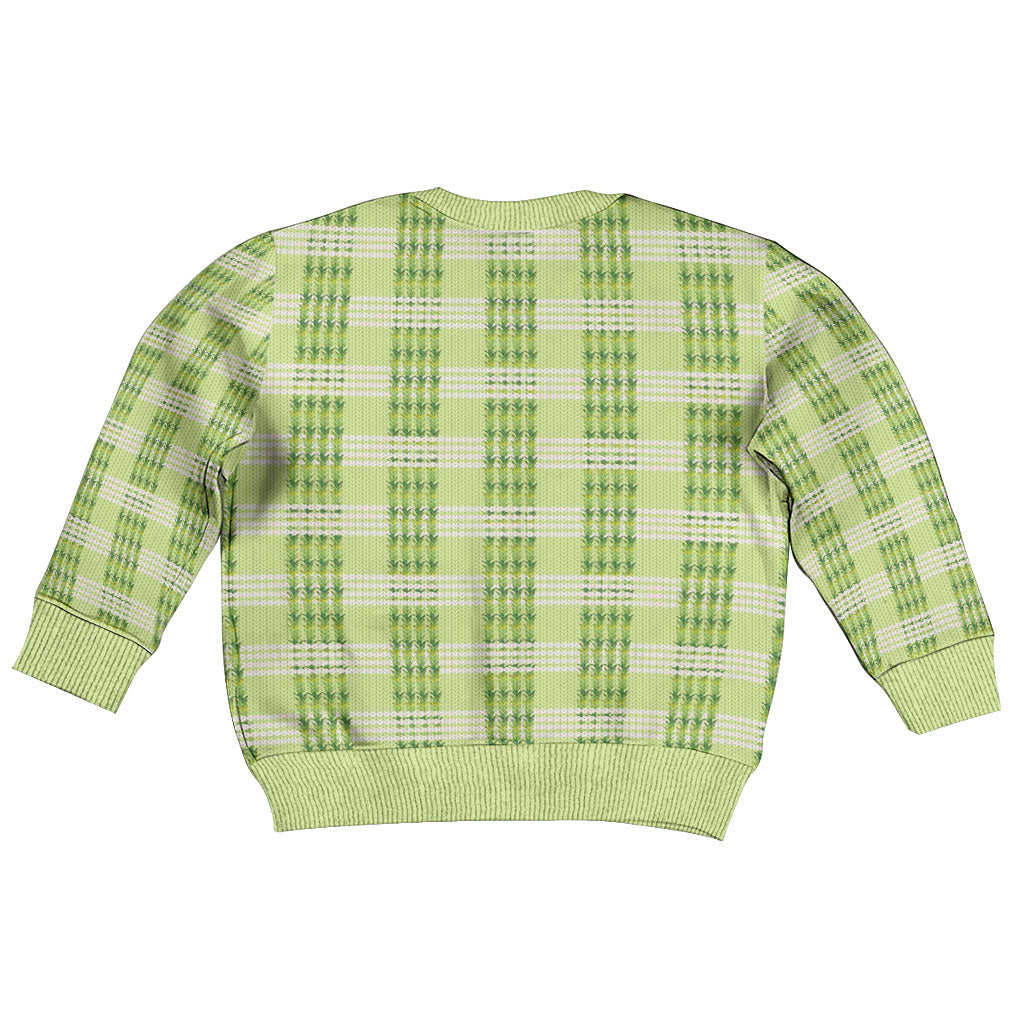 Aloha Hawaii Pakalana Pikake Lei Kid Ugly Christmas Sweater Palaka Inspired Hawaiian-plaid Pastel Green