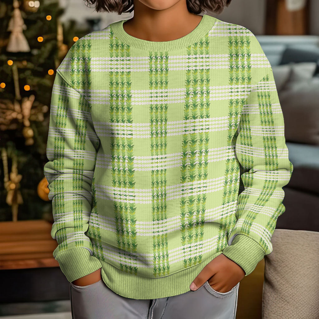 Aloha Hawaii Pakalana Pikake Lei Kid Ugly Christmas Sweater Palaka Inspired Hawaiian-plaid Pastel Green