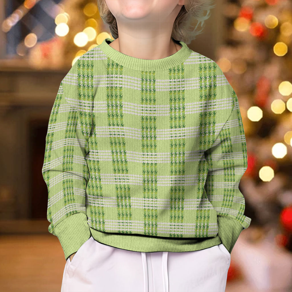 Aloha Hawaii Pakalana Pikake Lei Kid Ugly Christmas Sweater Palaka Inspired Hawaiian-plaid Pastel Green