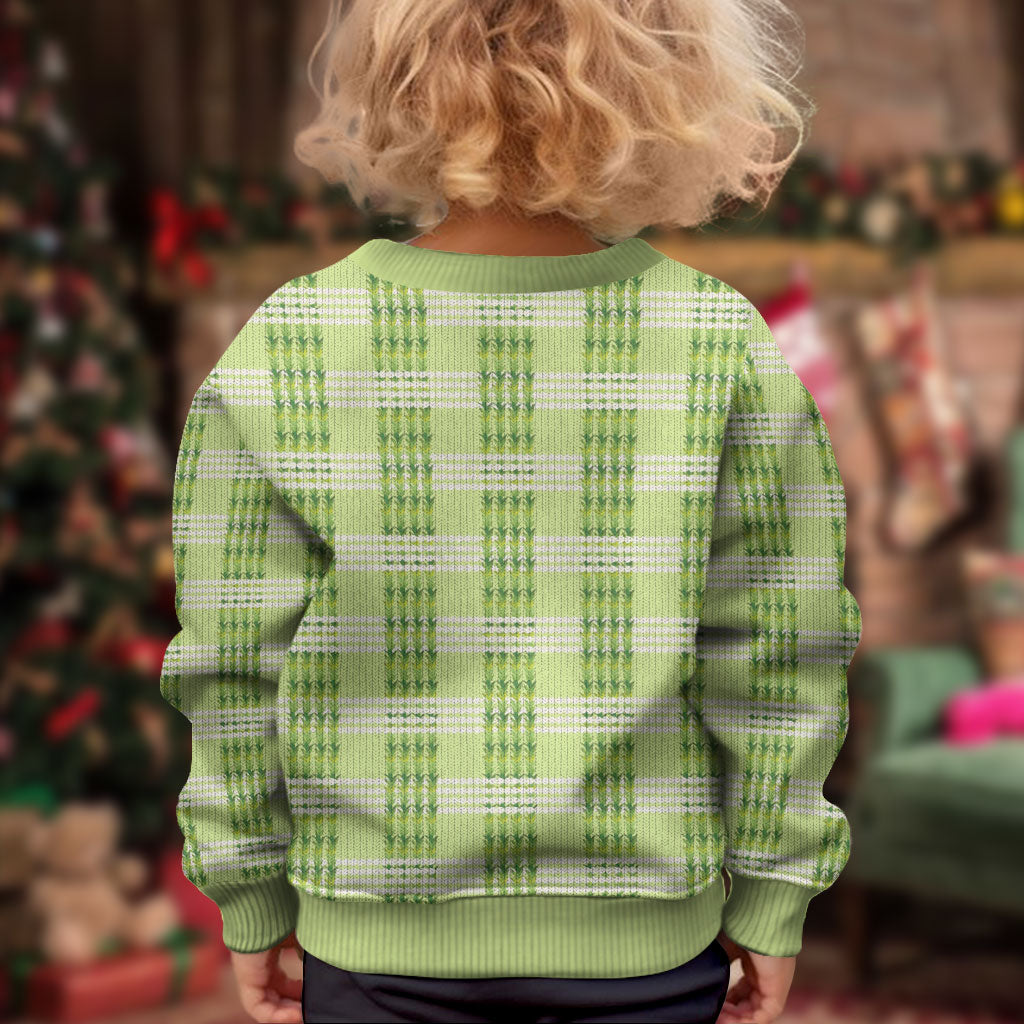 Aloha Hawaii Pakalana Pikake Lei Kid Ugly Christmas Sweater Palaka Inspired Hawaiian-plaid Pastel Green