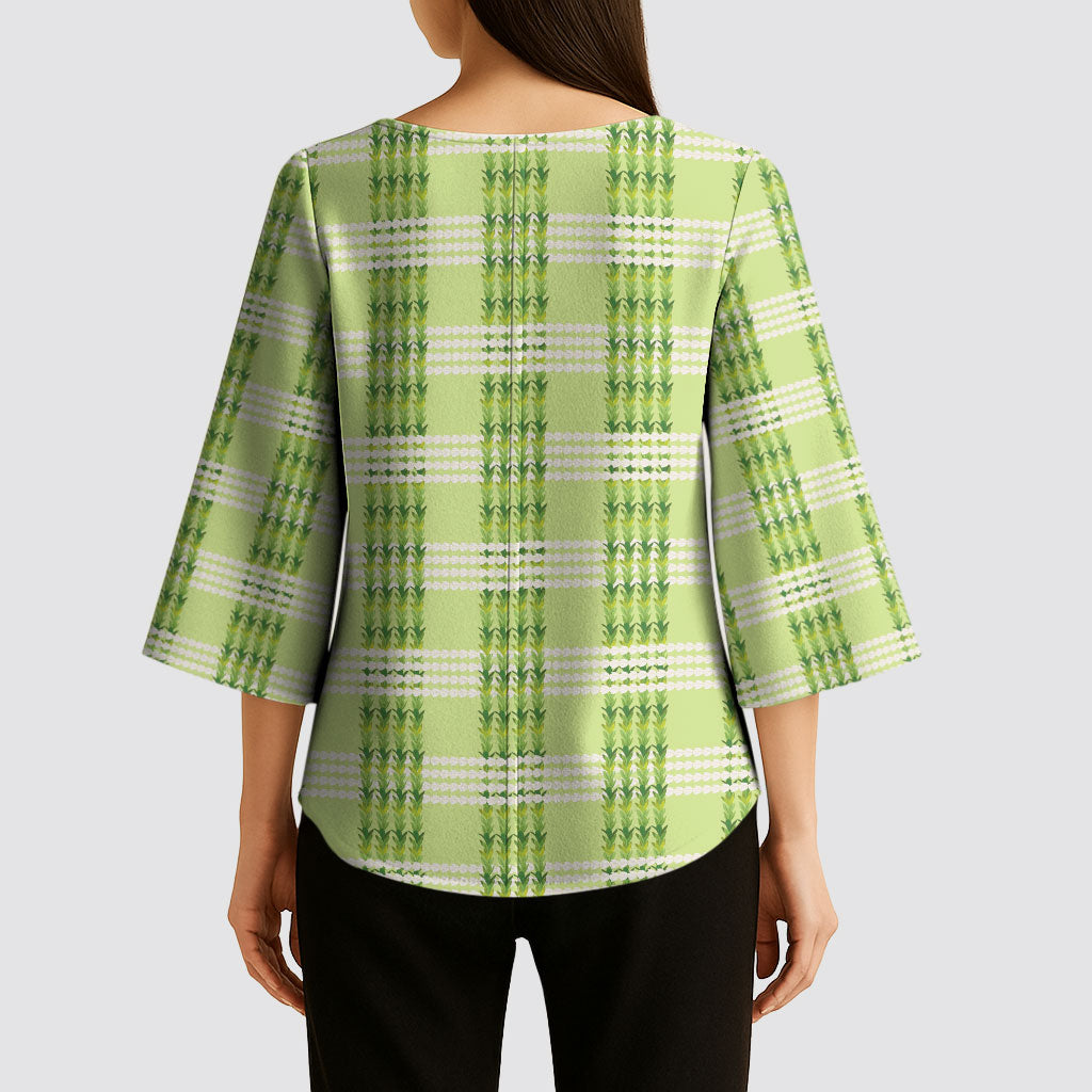 Aloha Hawaii Pakalana Pikake Lei Kimono Sleeve Blouse Palaka Inspired Hawaiian-plaid Pastel Green