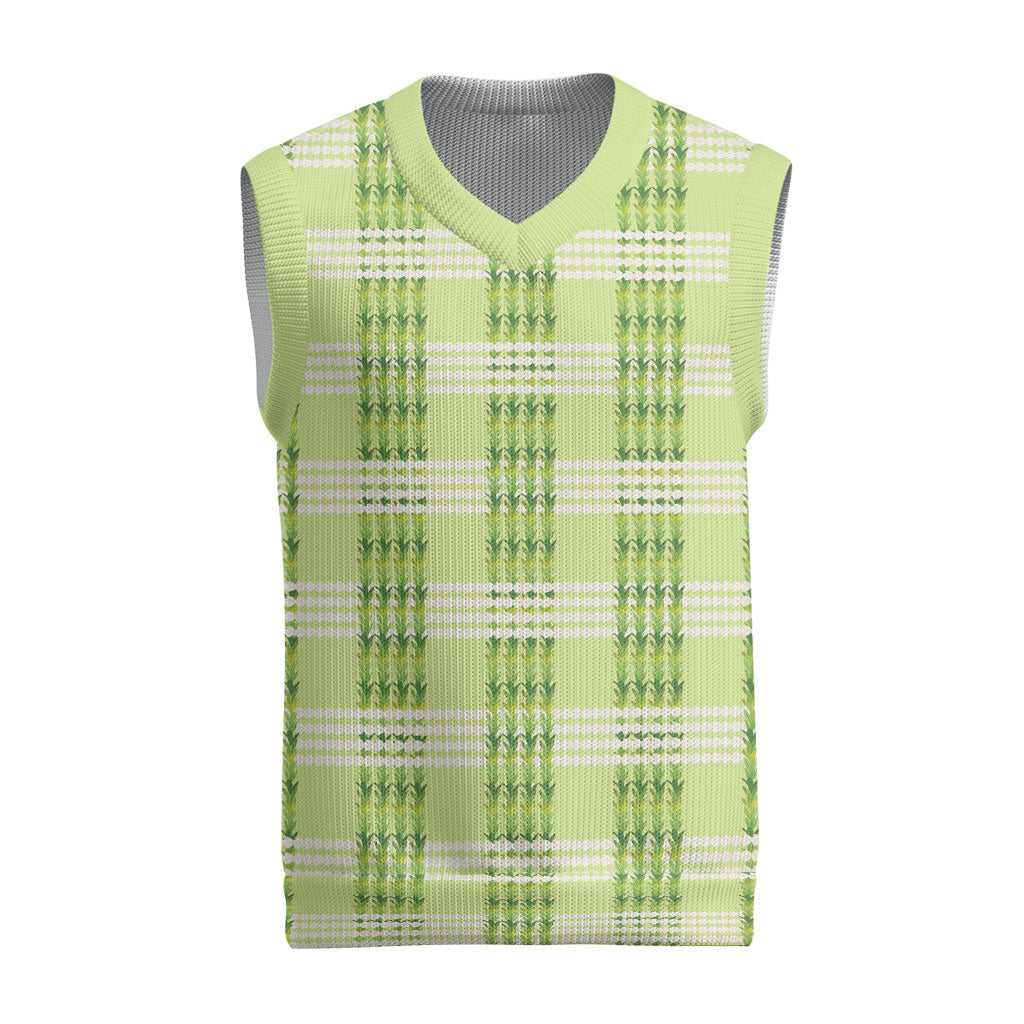 Aloha Hawaii Pakalana Pikake Lei Christmas Knitted V-Neck Vest Palaka Inspired Hawaiian-plaid Pastel Green