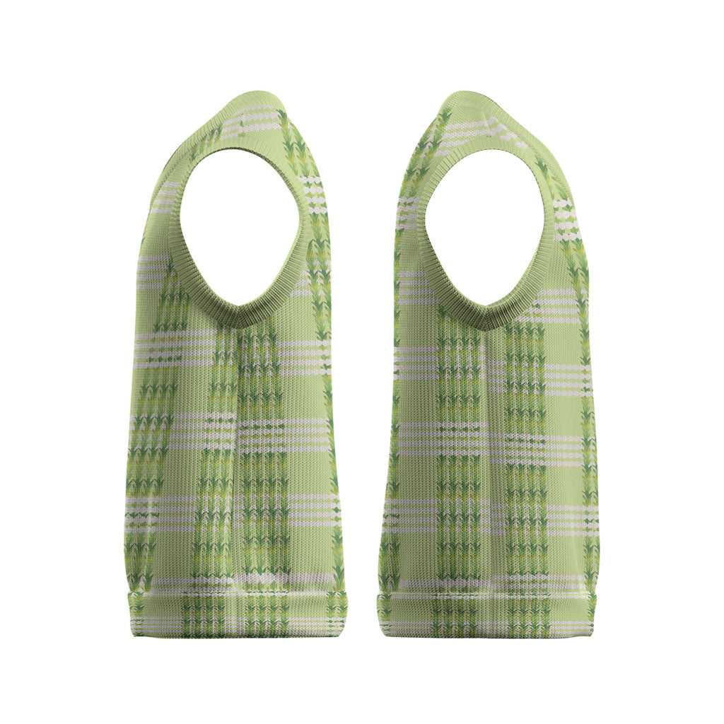 Aloha Hawaii Pakalana Pikake Lei Christmas Knitted V-Neck Vest Palaka Inspired Hawaiian-plaid Pastel Green
