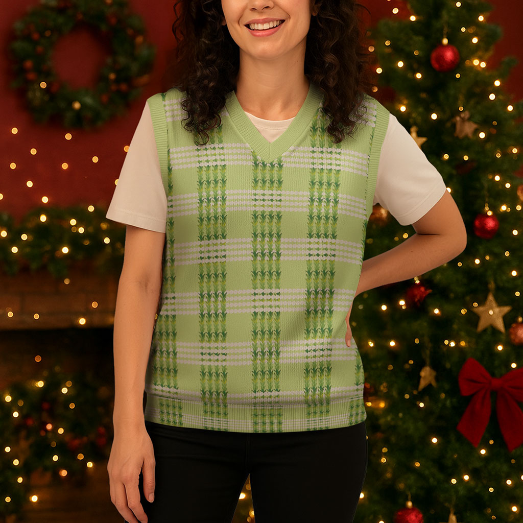 Aloha Hawaii Pakalana Pikake Lei Christmas Knitted V-Neck Vest Palaka Inspired Hawaiian-plaid Pastel Green