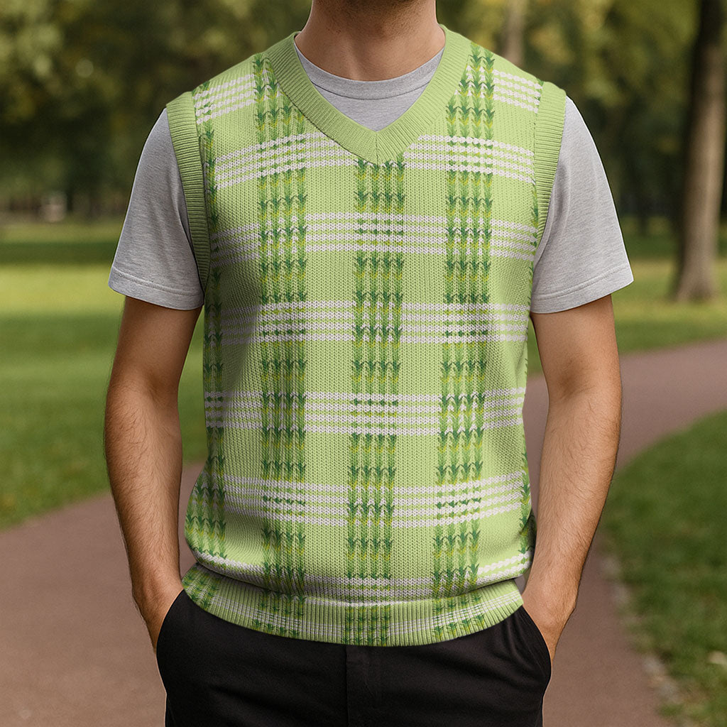 Aloha Hawaii Pakalana Pikake Lei Christmas Knitted V-Neck Vest Palaka Inspired Hawaiian-plaid Pastel Green