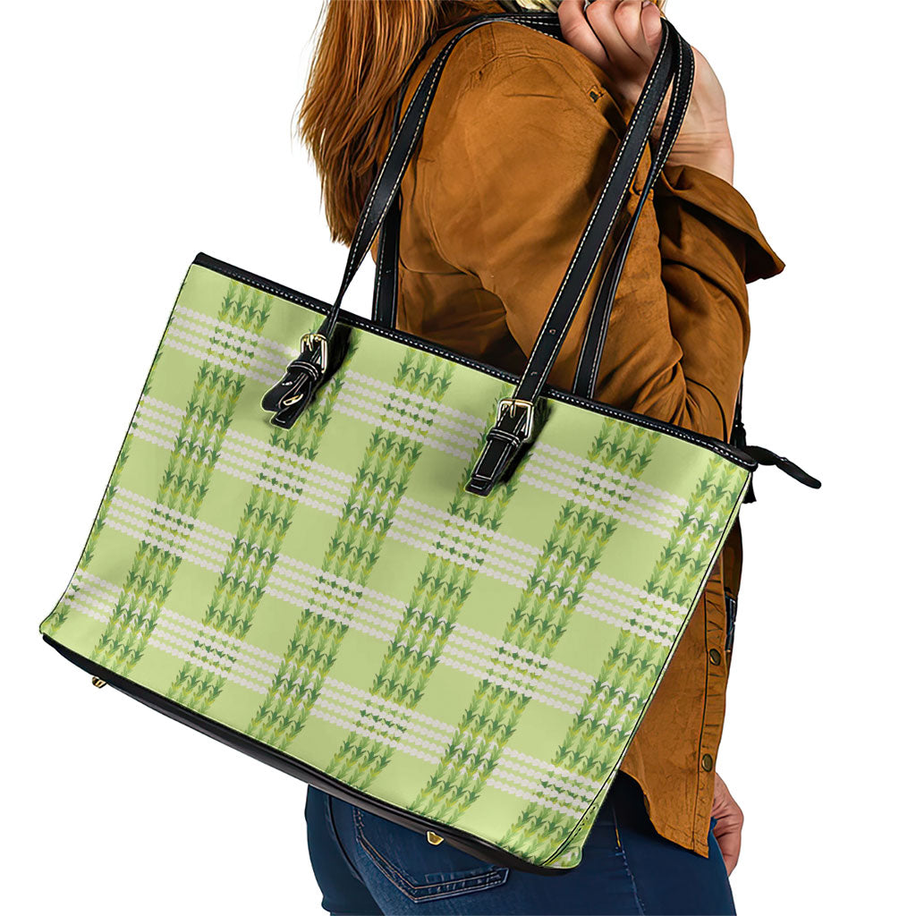 Aloha Hawaii Pakalana Pikake Lei Leather Tote Bag Palaka Inspired Hawaiian-plaid Pastel Green