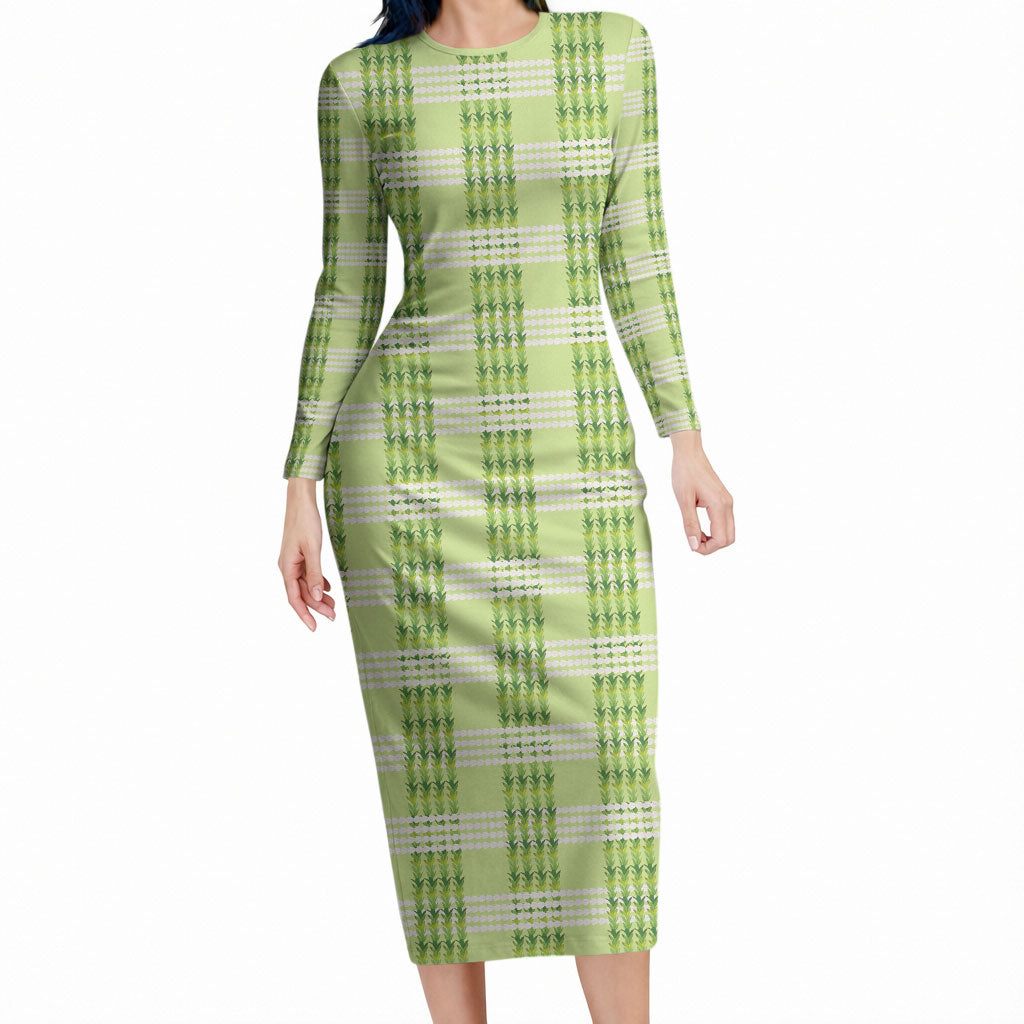 Aloha Hawaii Pakalana Pikake Lei Long Sleeve Bodycon Dress Palaka Inspired Hawaiian-plaid Pastel Green
