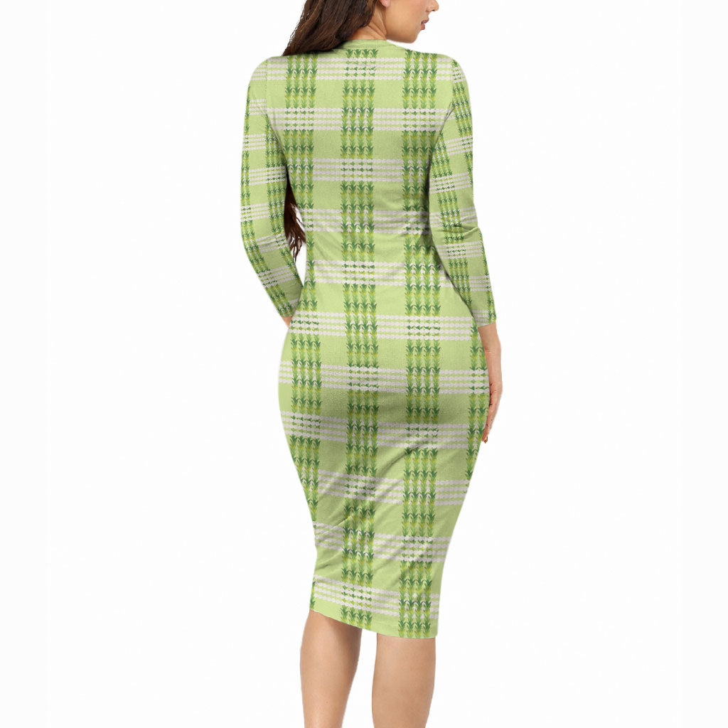 Aloha Hawaii Pakalana Pikake Lei Long Sleeve Bodycon Dress Palaka Inspired Hawaiian-plaid Pastel Green