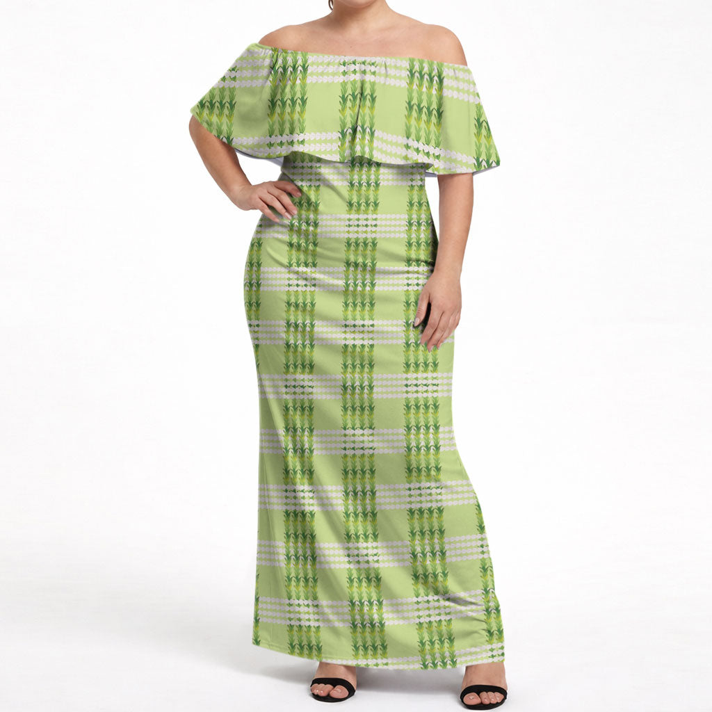 Aloha Hawaii Pakalana Pikake Lei Off Shoulder Maxi Dress Palaka Inspired Hawaiian-plaid Pastel Green