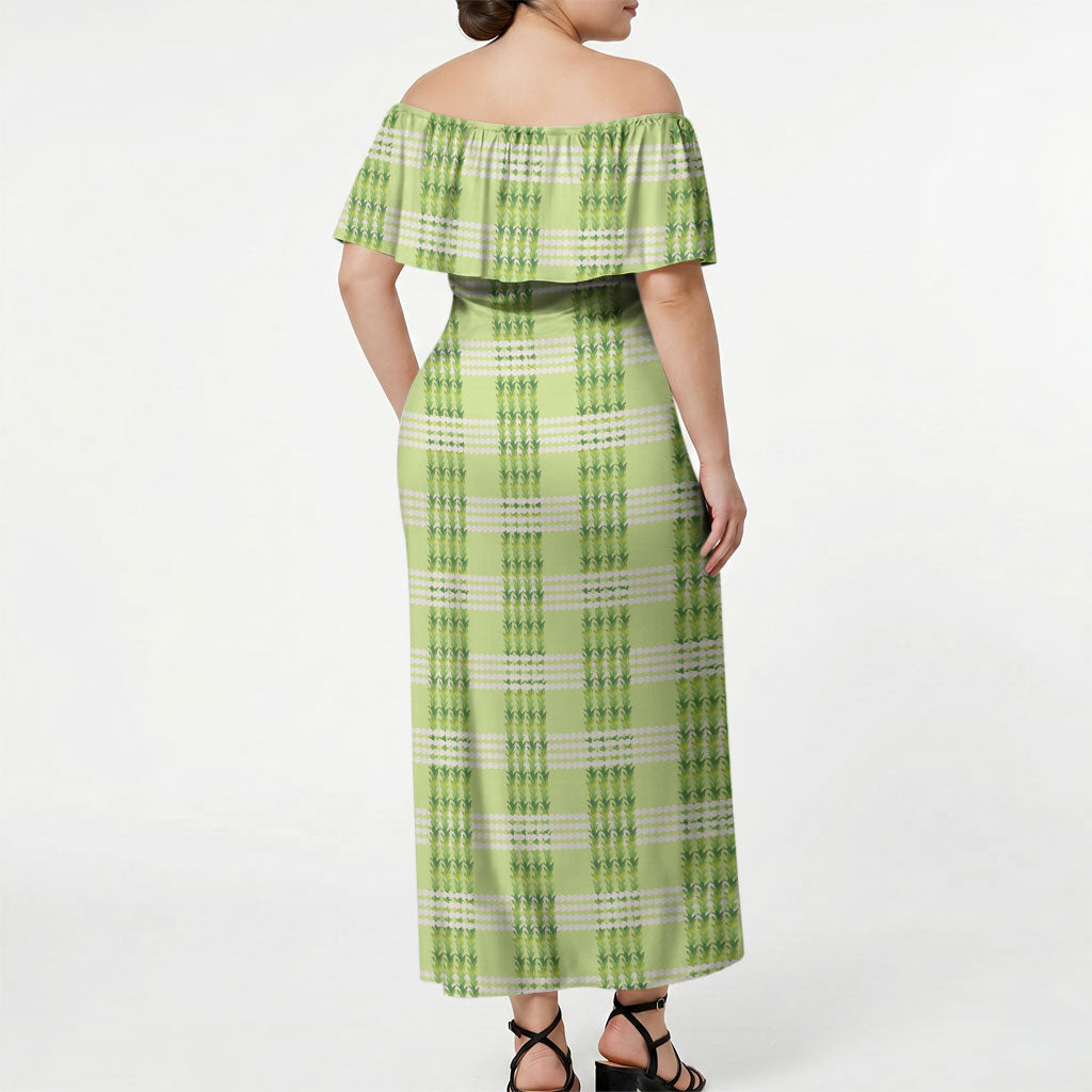 Aloha Hawaii Pakalana Pikake Lei Off Shoulder Maxi Dress Palaka Inspired Hawaiian-plaid Pastel Green