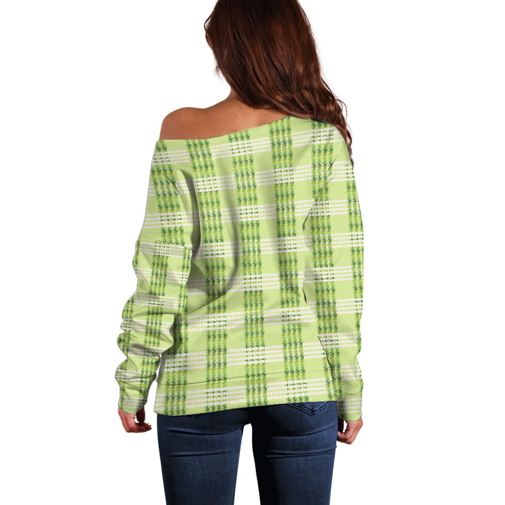 Aloha Hawaii Pakalana Pikake Lei Off Shoulder Sweater Palaka Inspired Hawaiian-plaid Pastel Green