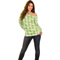 Aloha Hawaii Pakalana Pikake Lei Off Shoulder Sweater Palaka Inspired Hawaiian-plaid Pastel Green