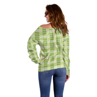 Aloha Hawaii Pakalana Pikake Lei Off Shoulder Sweater Palaka Inspired Hawaiian-plaid Pastel Green