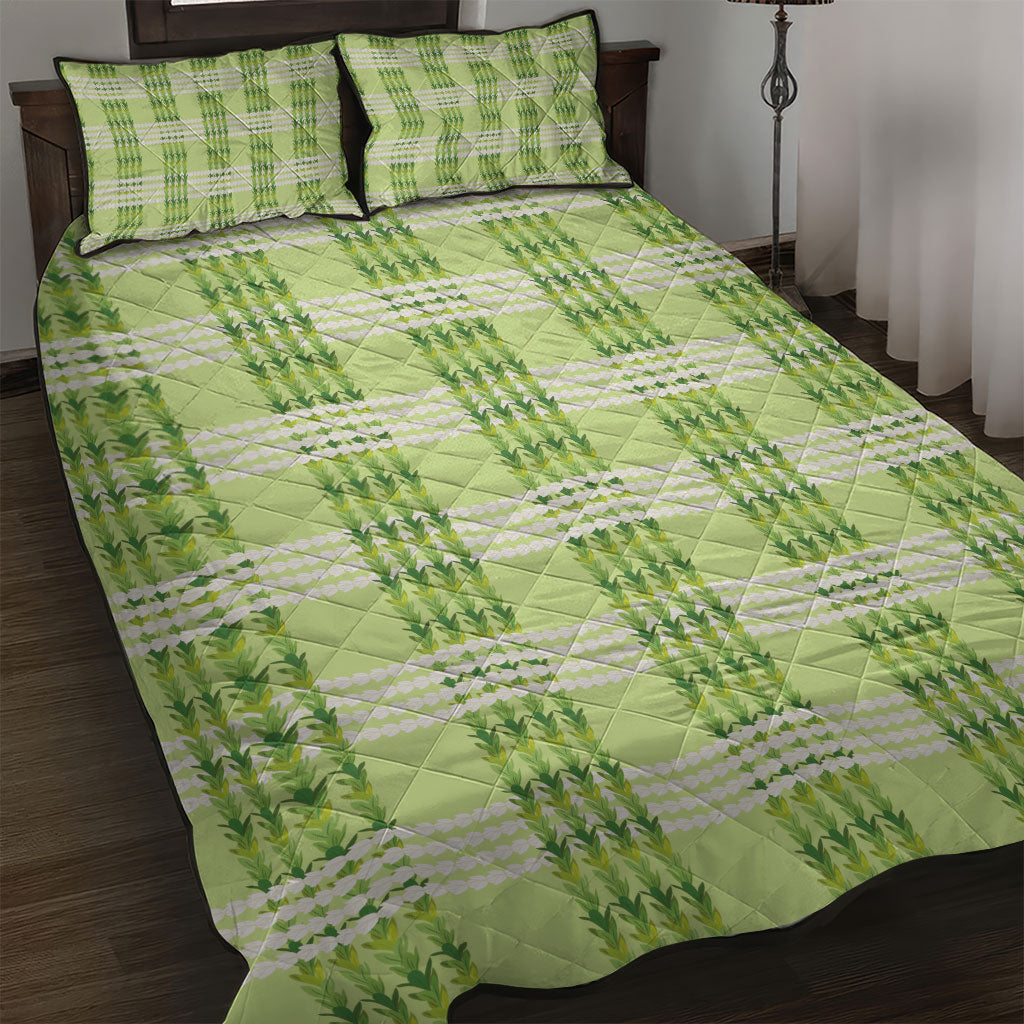 Aloha Hawaii Pakalana Pikake Lei Quilt Bed Set Palaka Inspired Hawaiian-plaid Pastel Green