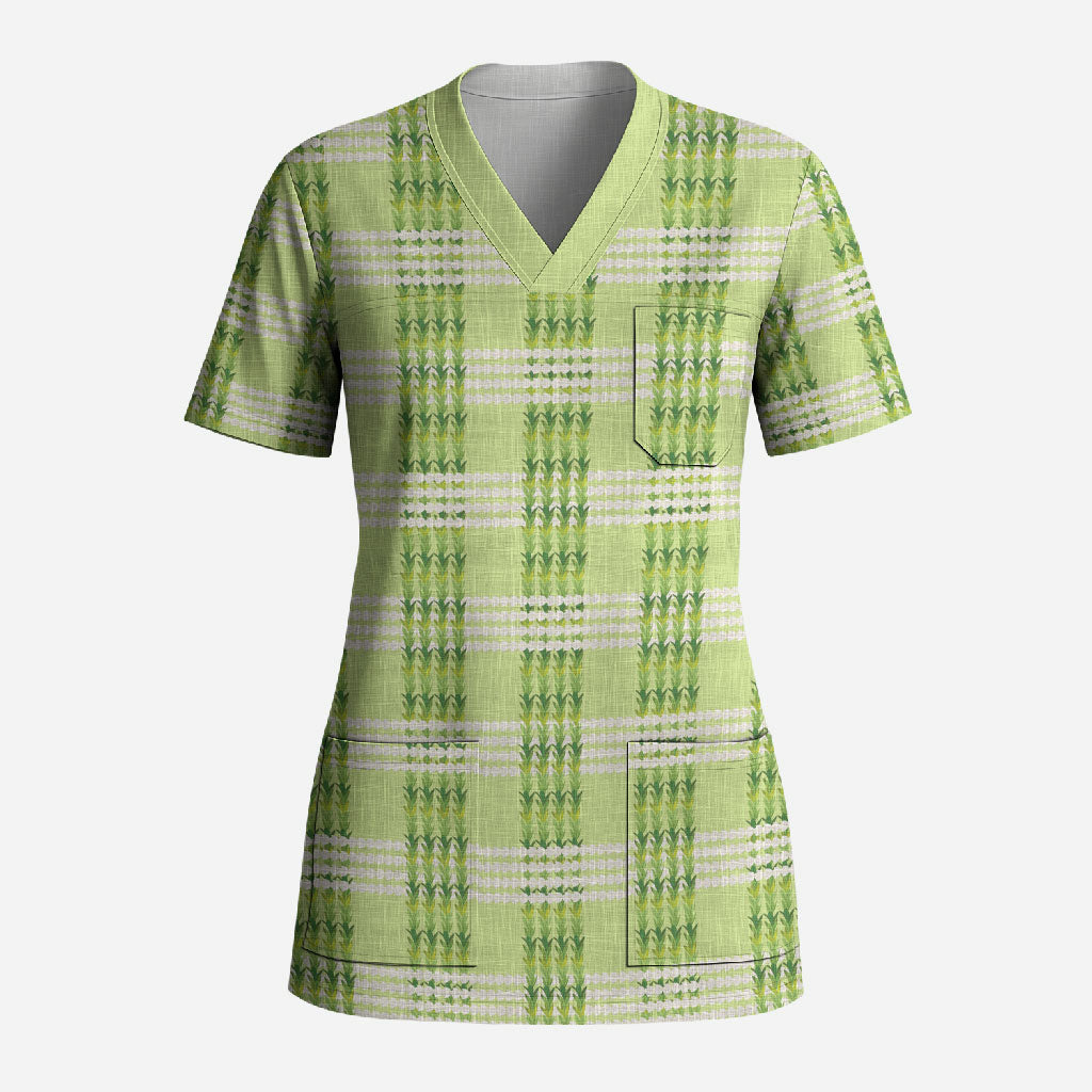 Aloha Hawaii Pakalana Pikake Lei Scrub Top Palaka Inspired Hawaiian-plaid Pastel Green