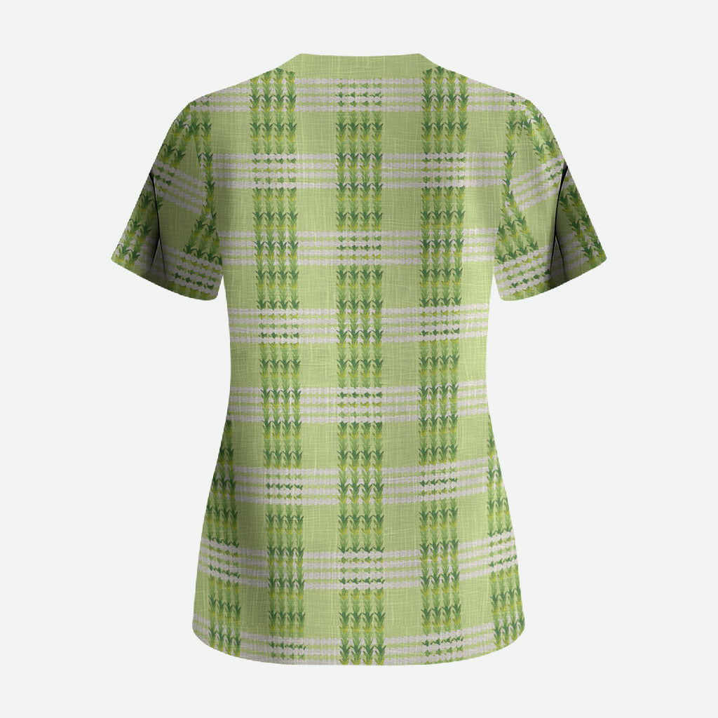 Aloha Hawaii Pakalana Pikake Lei Scrub Top Palaka Inspired Hawaiian-plaid Pastel Green