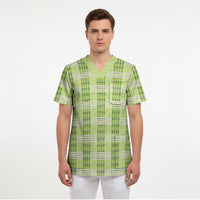 Aloha Hawaii Pakalana Pikake Lei Scrub Top Palaka Inspired Hawaiian-plaid Pastel Green