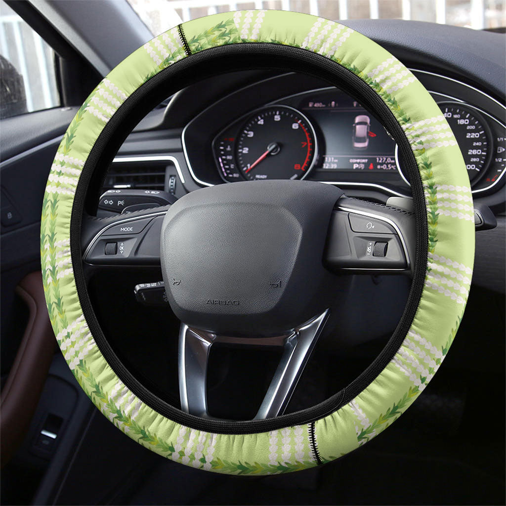 Aloha Hawaii Pakalana Pikake Lei Steering Wheel Cover Palaka Inspired Hawaiian-plaid Pastel Green