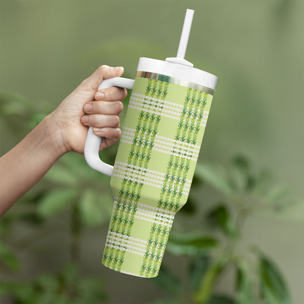 Aloha Hawaii Pakalana Pikake Lei Tumbler With Handle Palaka Inspired Hawaiian-plaid Pastel Green