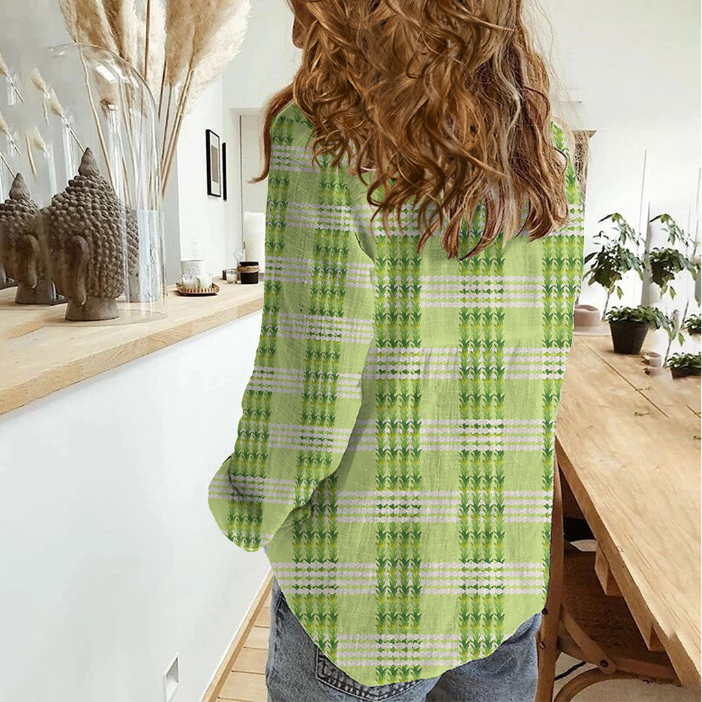 Aloha Hawaii Pakalana Pikake Lei Women Casual Shirt Palaka Inspired Hawaiian-plaid Pastel Green