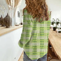 Aloha Hawaii Pakalana Pikake Lei Women Casual Shirt Palaka Inspired Hawaiian-plaid Pastel Green