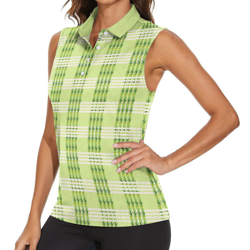 Aloha Hawaii Pakalana Pikake Lei Women Sleeveless Polo Shirt Palaka Inspired Hawaiian-plaid Pastel Green