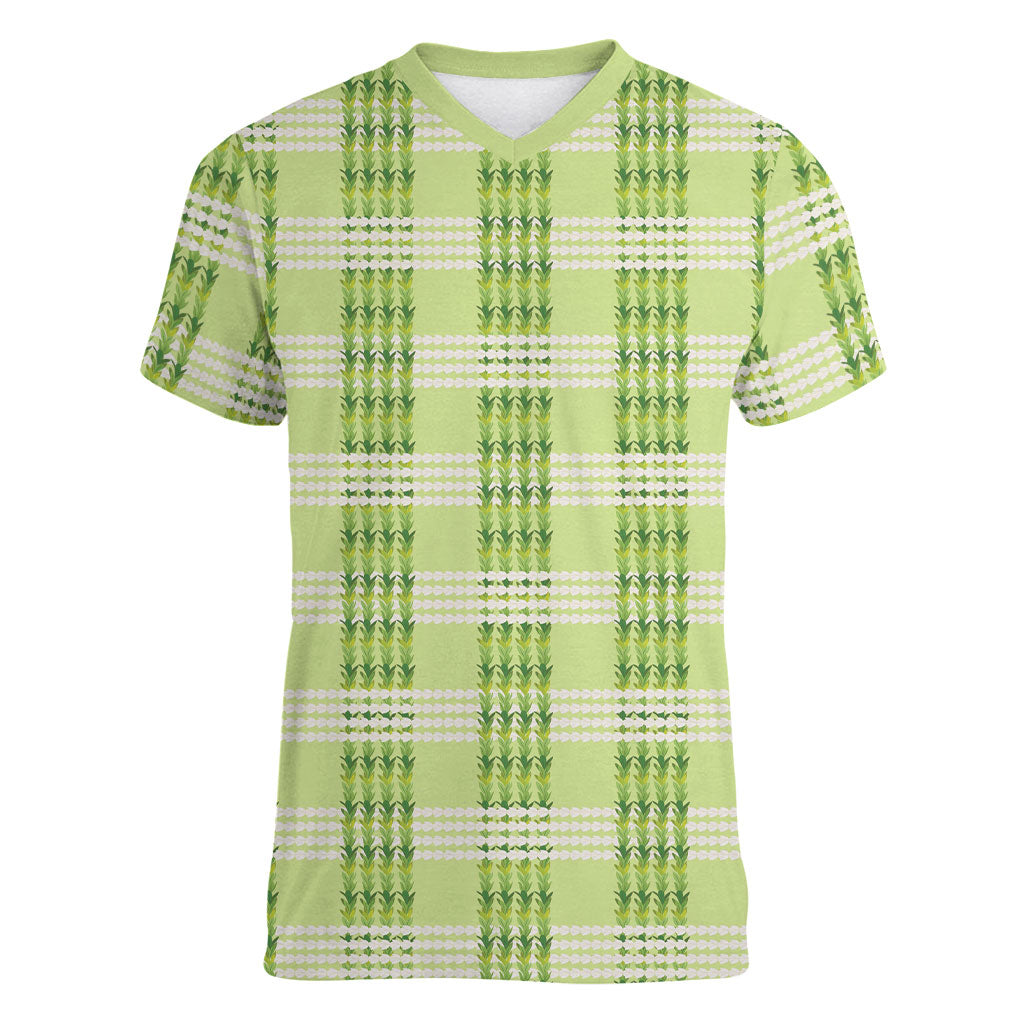 Aloha Hawaii Pakalana Pikake Lei Women V-Neck T-Shirt Palaka Inspired Hawaiian-plaid Pastel Green