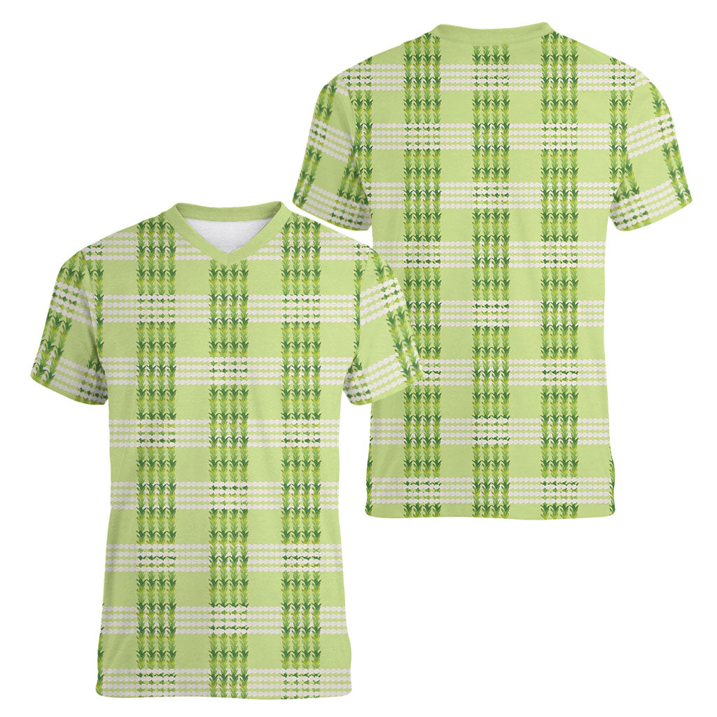 Aloha Hawaii Pakalana Pikake Lei Women V-Neck T-Shirt Palaka Inspired Hawaiian-plaid Pastel Green