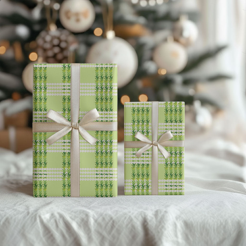 Aloha Hawaii Pakalana Pikake Lei Wrapping Paper Palaka Inspired Hawaiian-plaid Pastel Green
