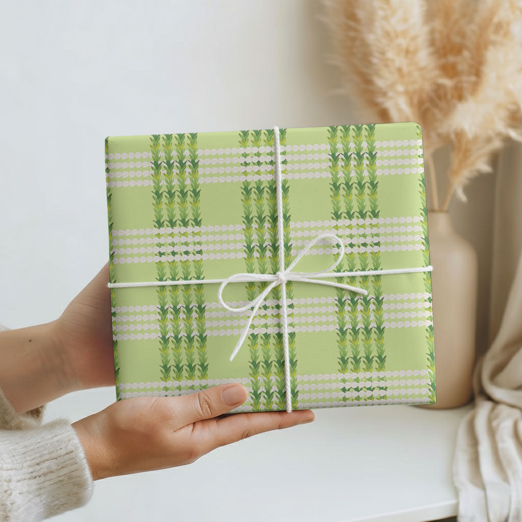Aloha Hawaii Pakalana Pikake Lei Wrapping Paper Palaka Inspired Hawaiian-plaid Pastel Green