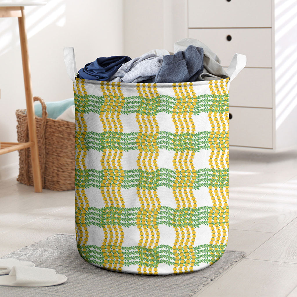 Aloha Hawaii Ilima Maile Lei Laundry Basket Palaka Inspired Hawaiian-plaid White