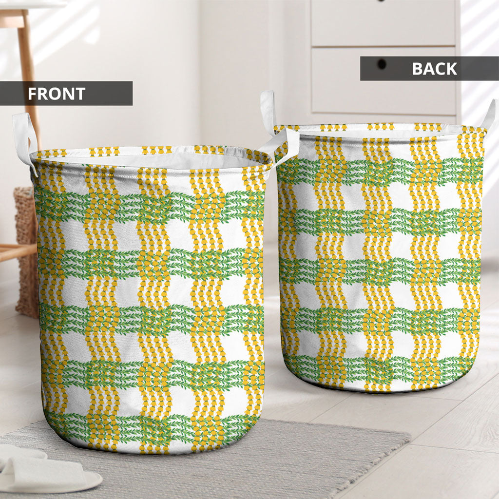 Aloha Hawaii Ilima Maile Lei Laundry Basket Palaka Inspired Hawaiian-plaid White