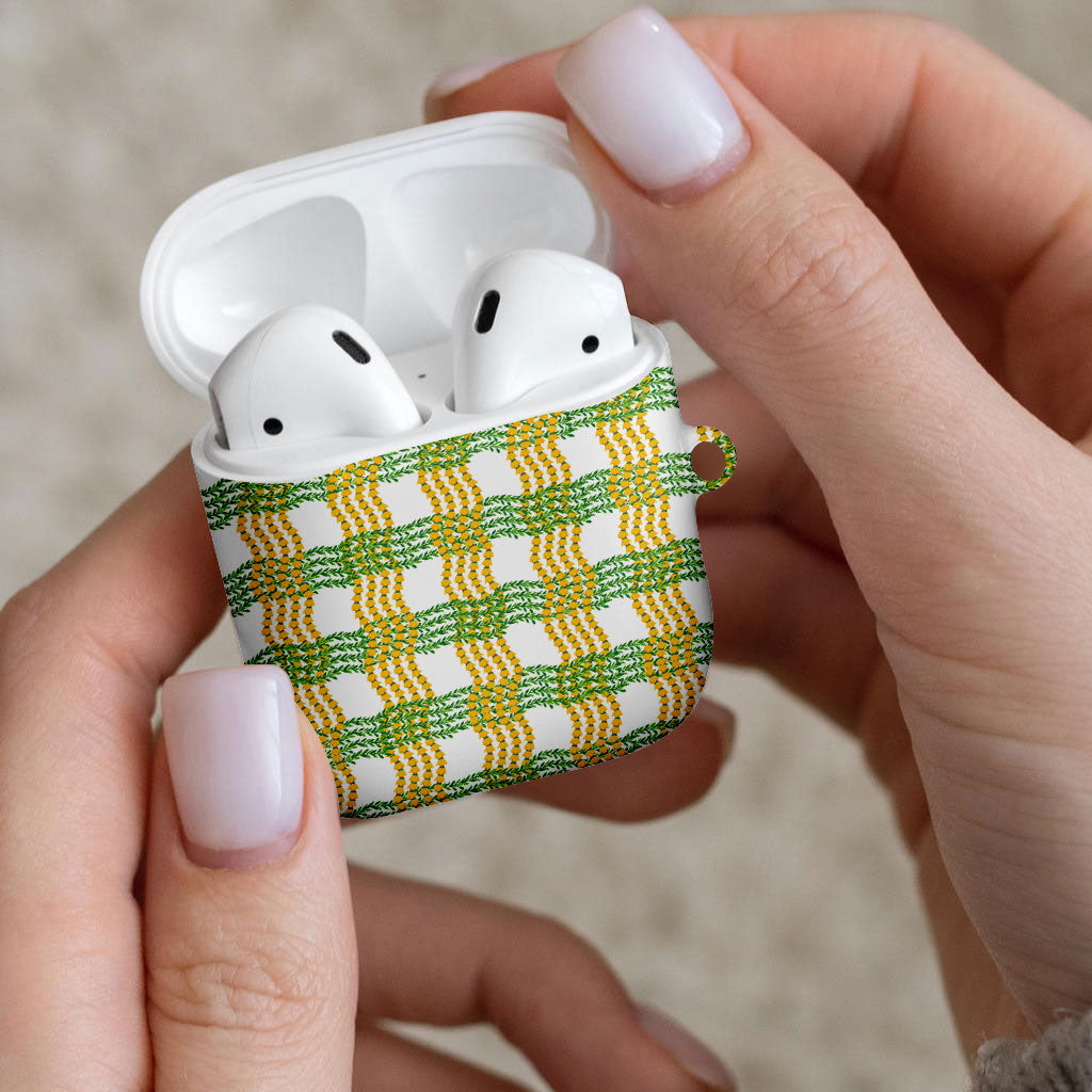 Aloha Hawaii Ilima Maile Lei AirPods Case Palaka Inspired Hawaiian-plaid White